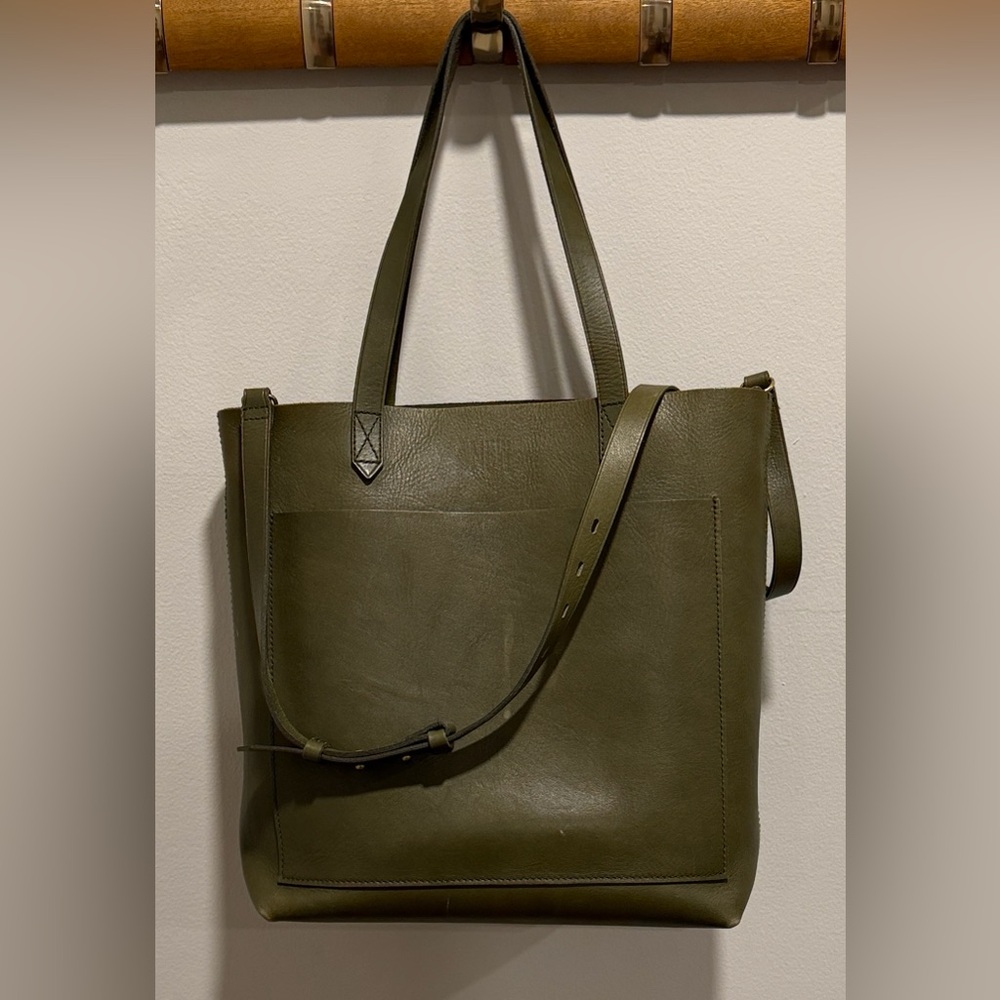 Madewell Green Leather Transport Tote Laptop Work Bag with Crossbody Strap
